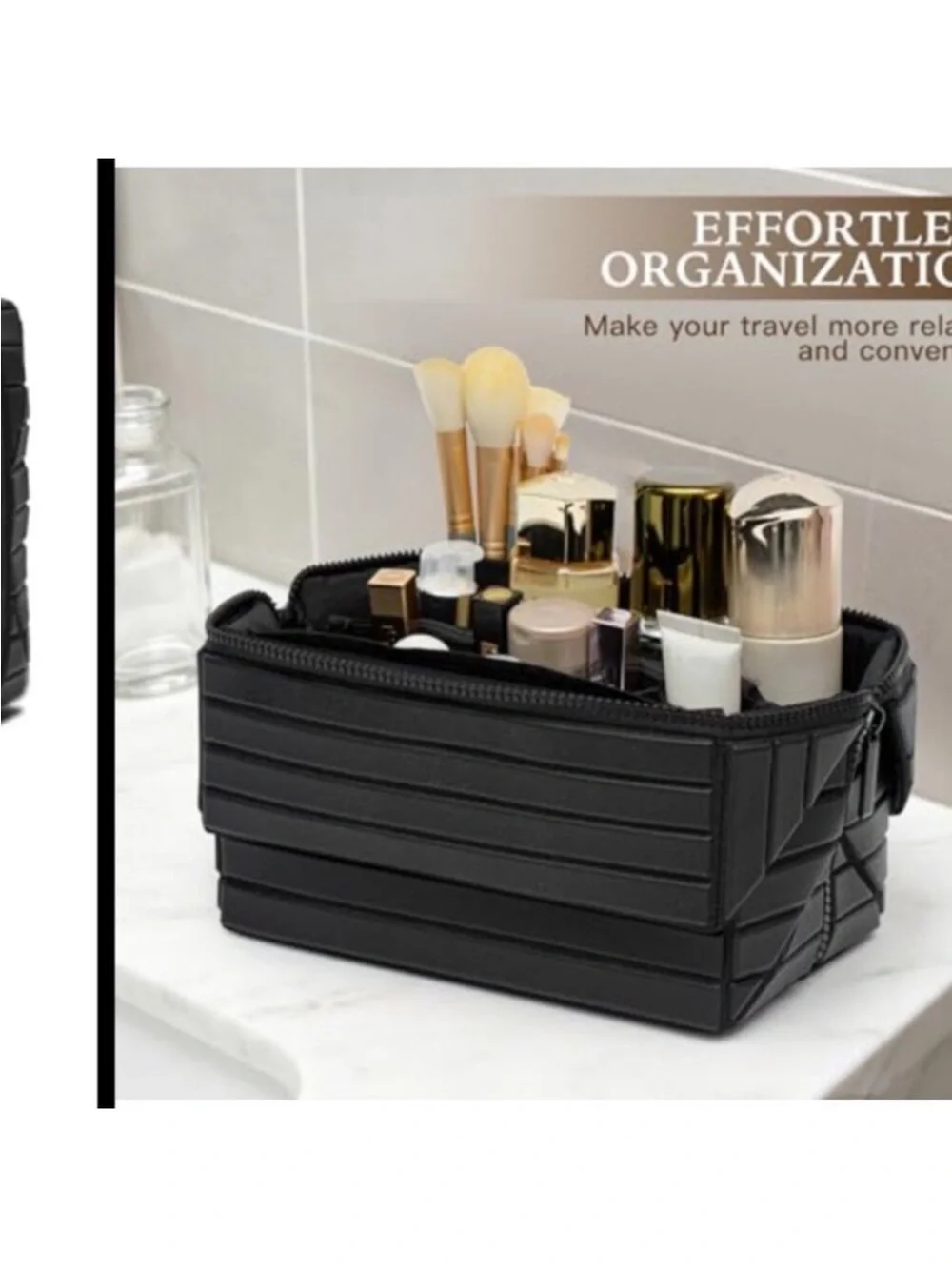 PU Leather Large Capacity Cosmetic Bag with Fold-Down Design and Adjustable